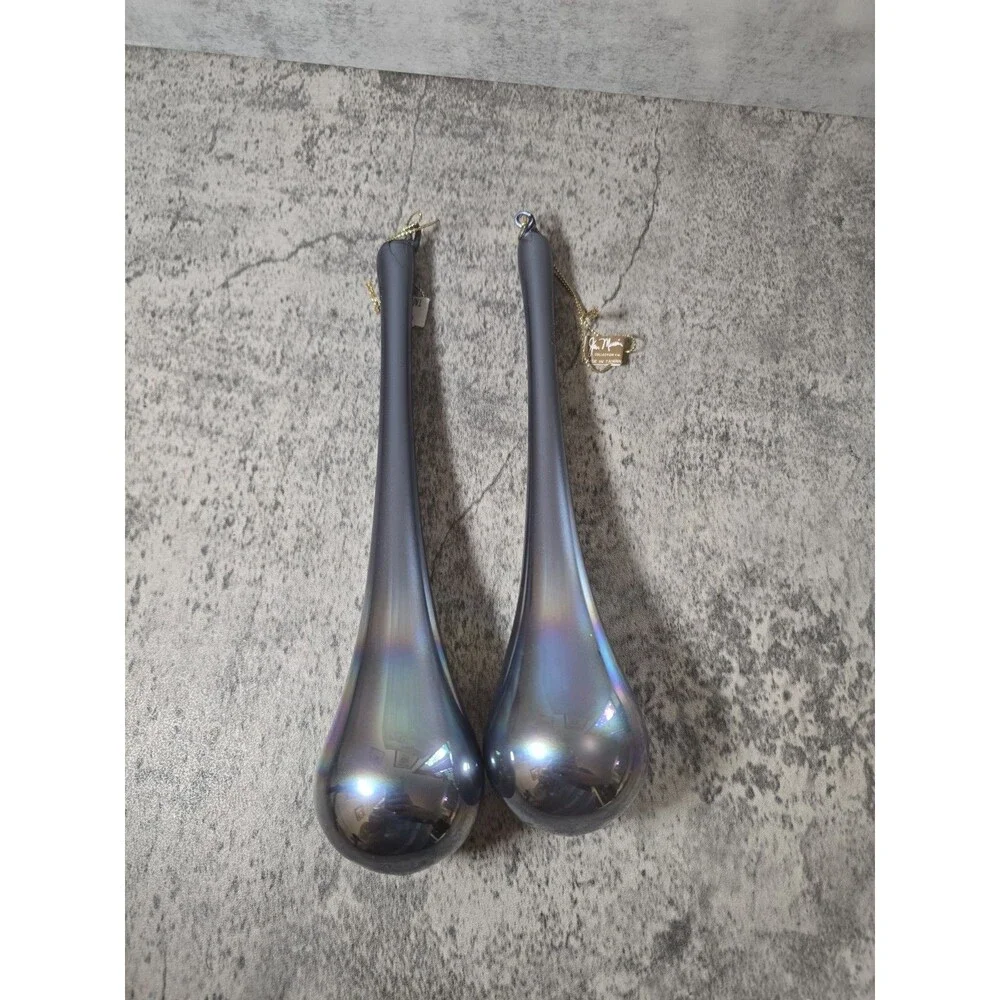 2 Jim Marvin Vintage Metallic Teardrop light blue gray glass Christmas Ornaments
